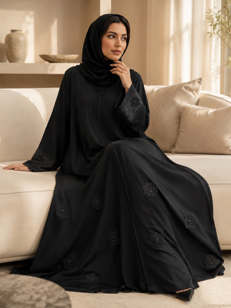 Black Floral Applique Abaya with Embellished Satin Cuffs