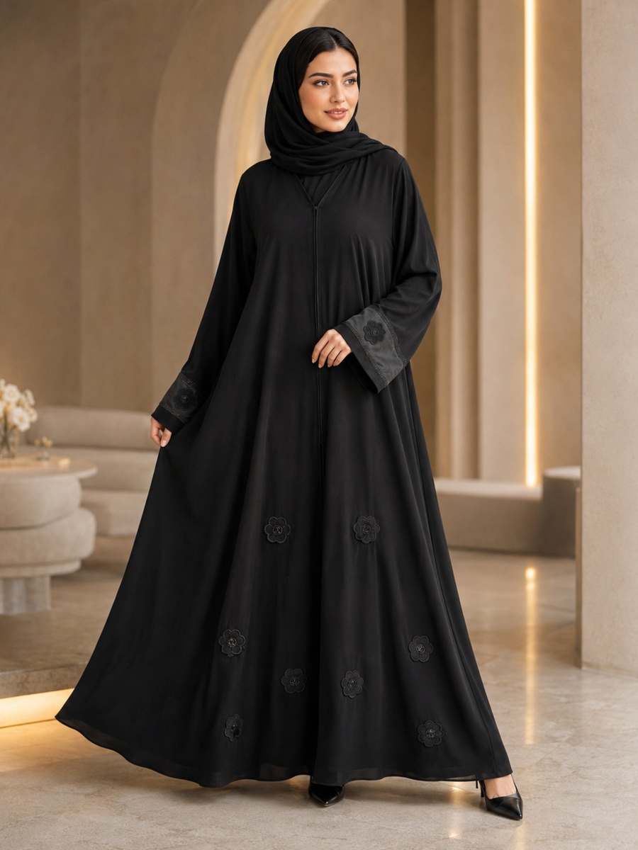 Black Floral Applique Abaya with Embellished Satin Cuffs