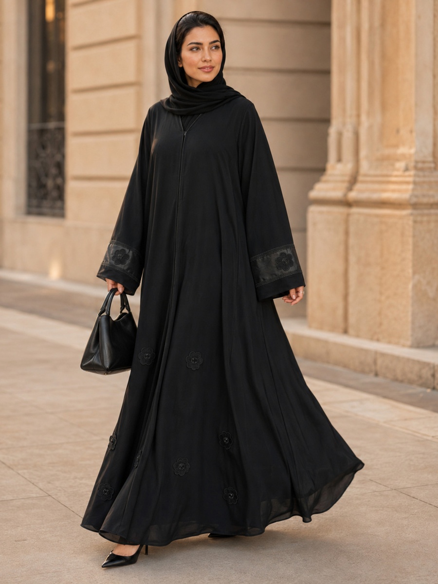 Black Floral Applique Abaya with Embellished Satin Cuffs