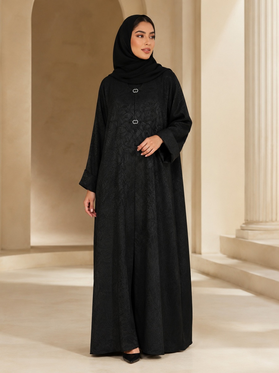 Black Jacquard Pattern Abaya with Double Ring Clasp
