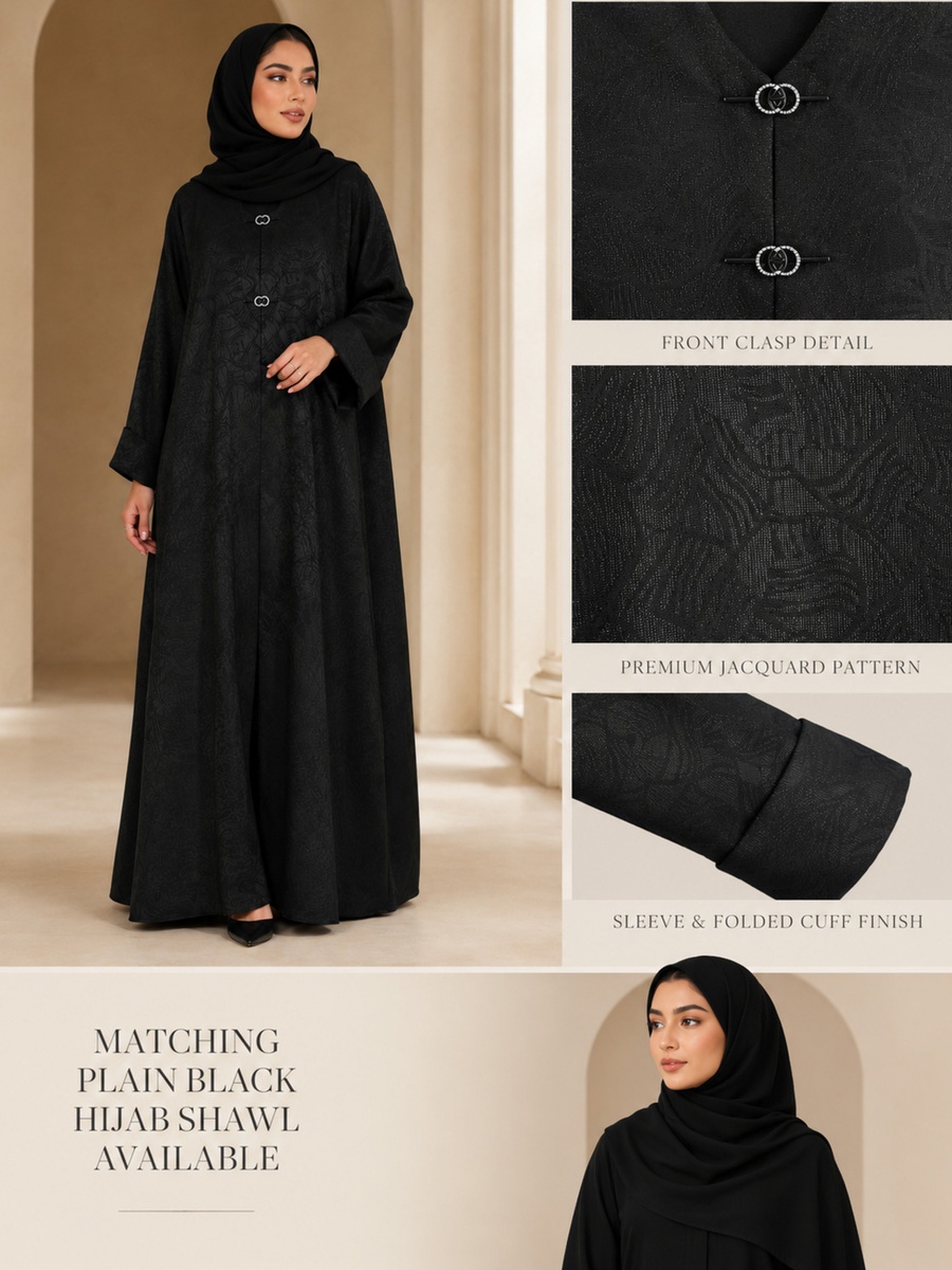Black Jacquard Pattern Abaya with Double Ring Clasp