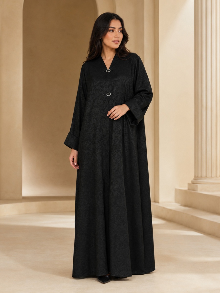 Black Jacquard Pattern Abaya with Double Ring Clasp