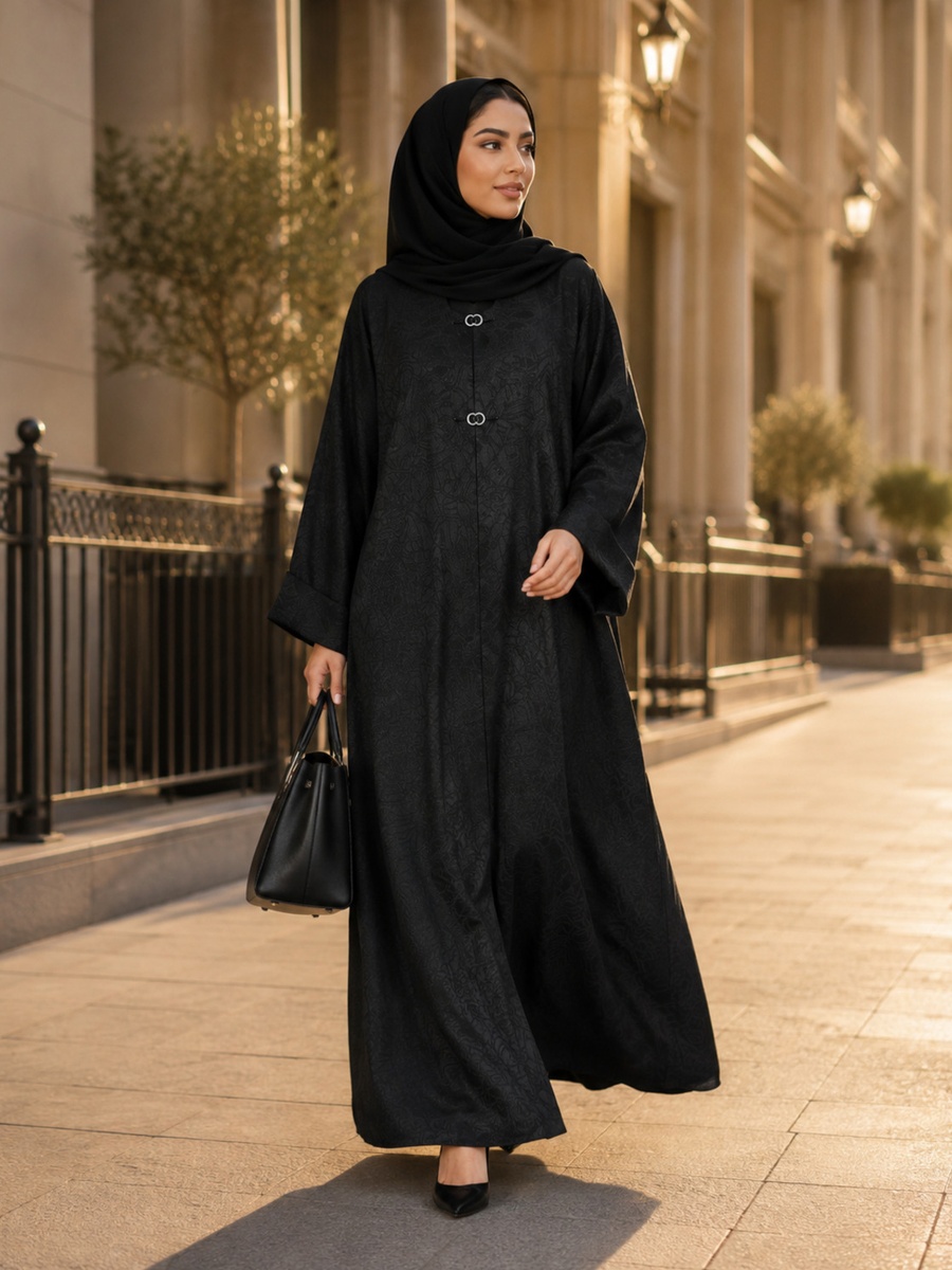 Black Jacquard Pattern Abaya with Double Ring Clasp