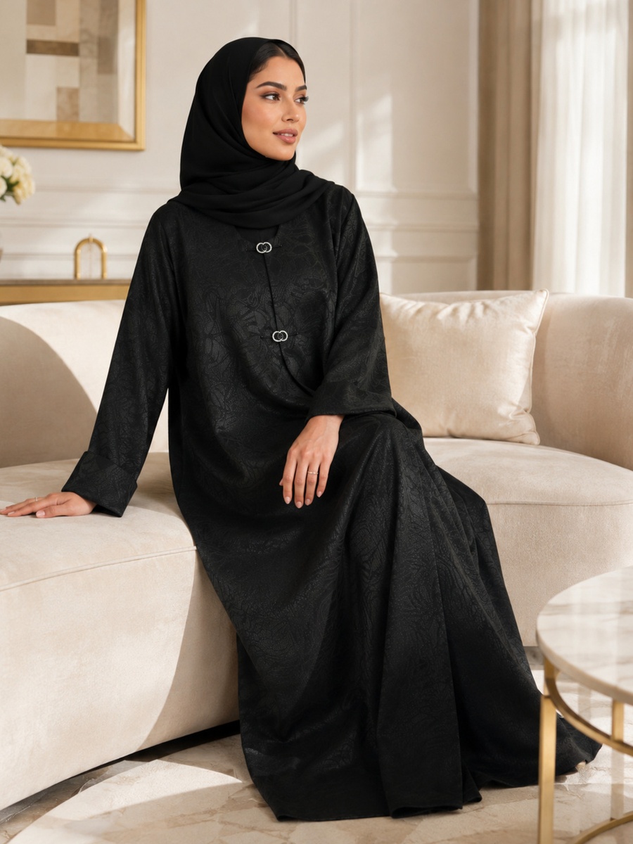 Black Jacquard Pattern Abaya with Double Ring Clasp
