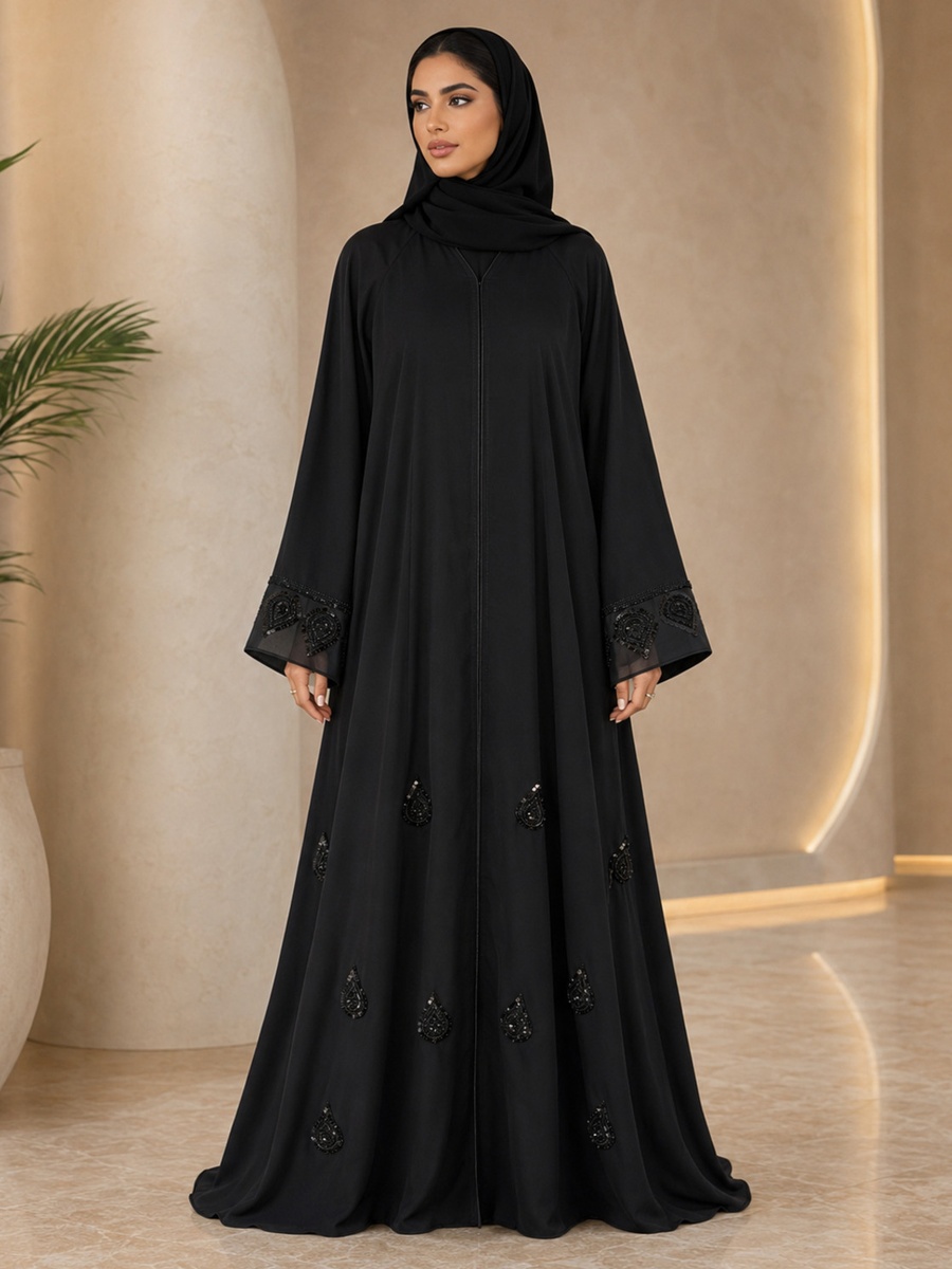 Black Embellished Abaya with Hidden Front Closure