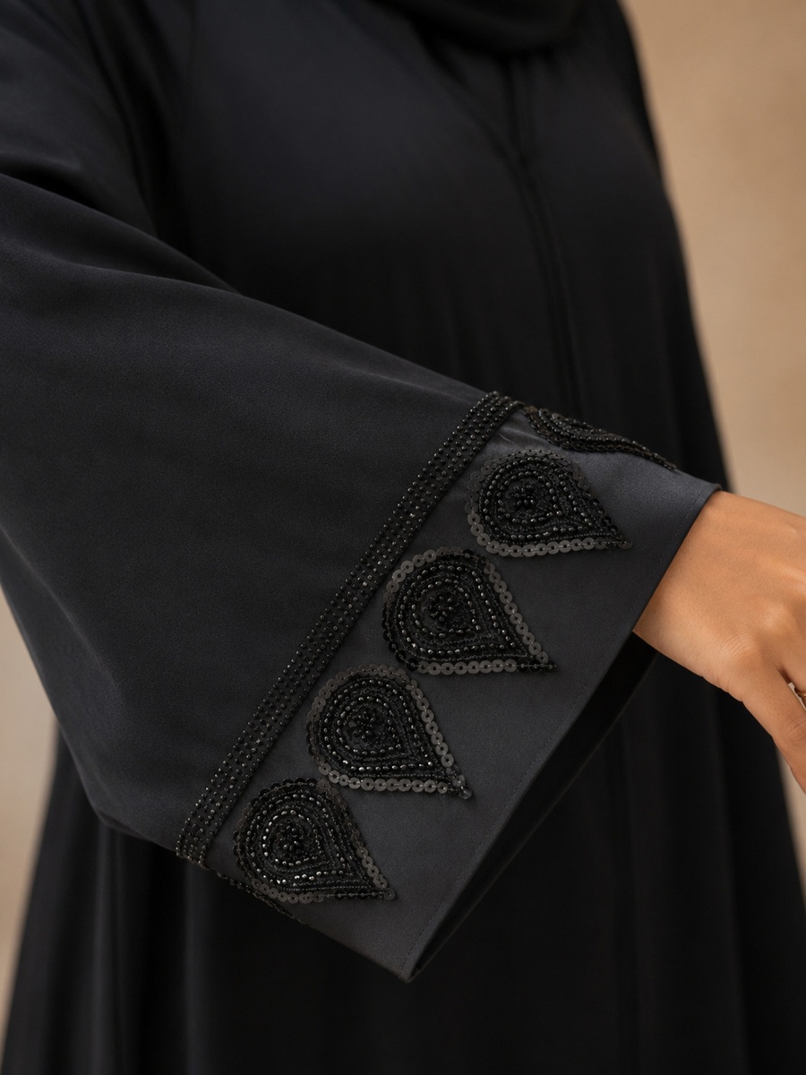 Black Embellished Abaya with Hidden Front Closure