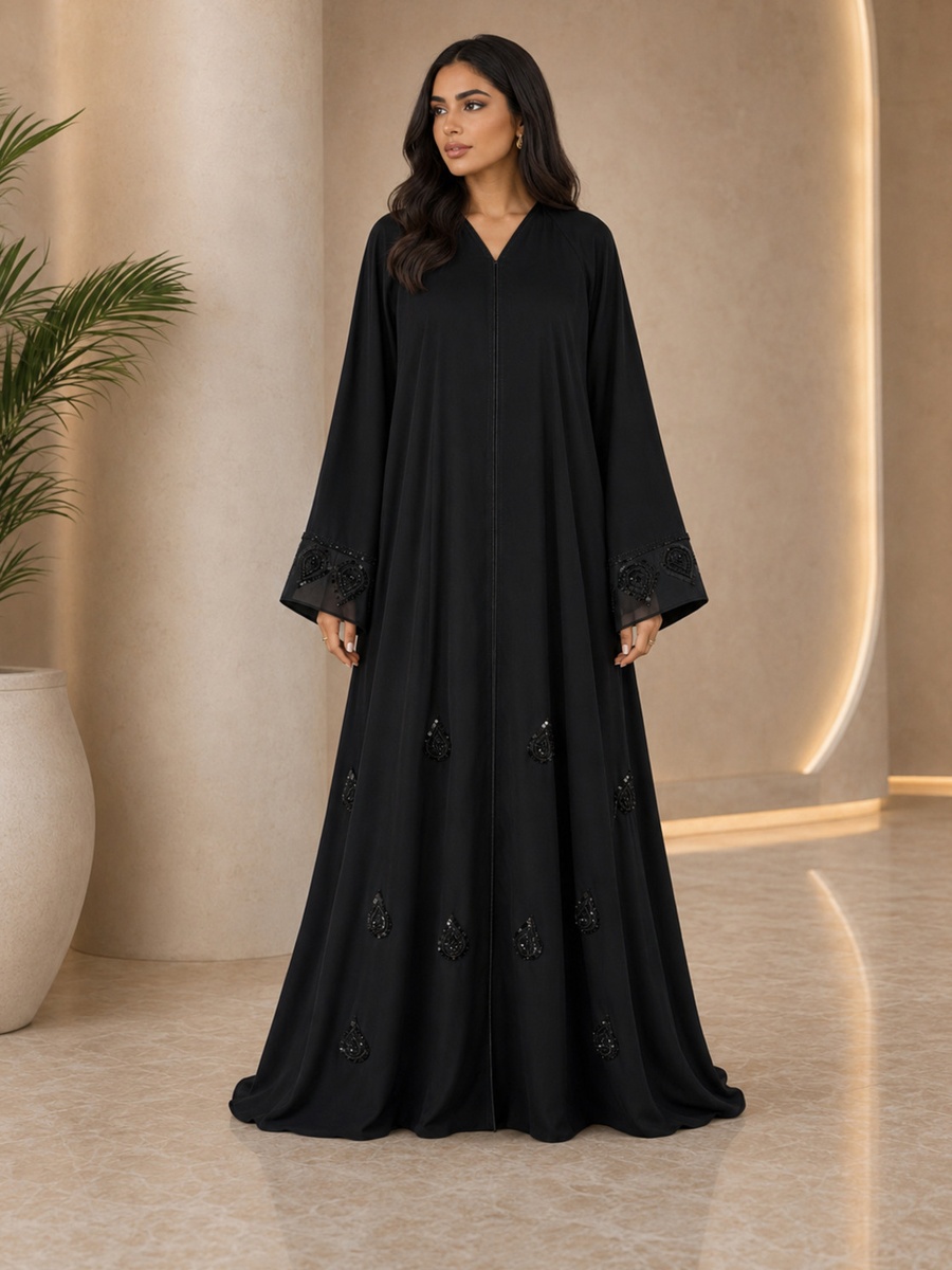 Black Embellished Abaya with Hidden Front Closure