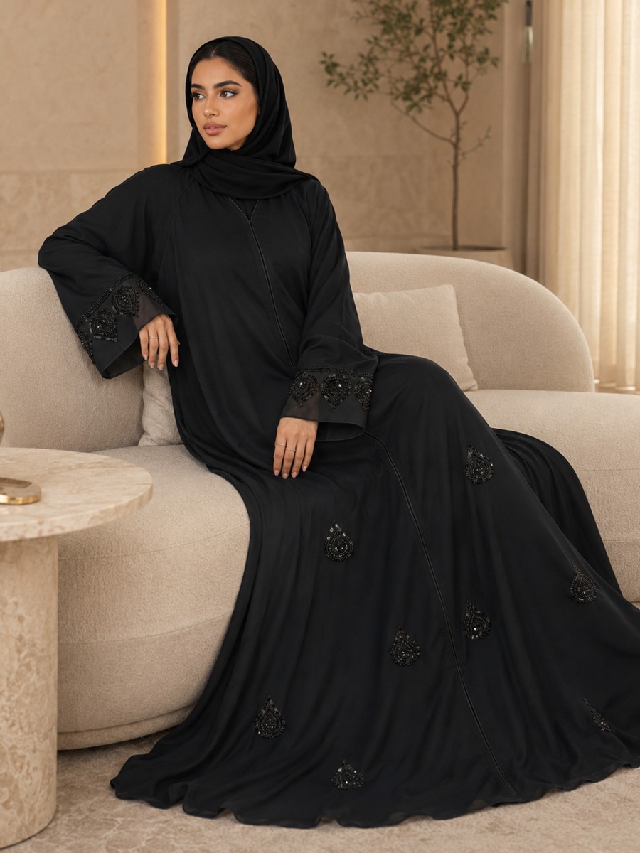 Black Embellished Abaya with Hidden Front Closure