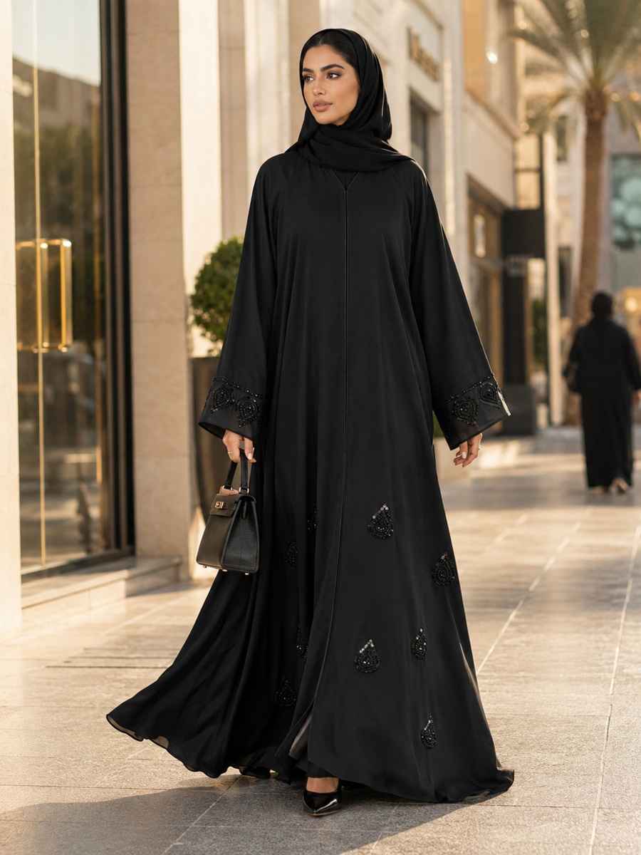 Black Embellished Abaya with Hidden Front Closure