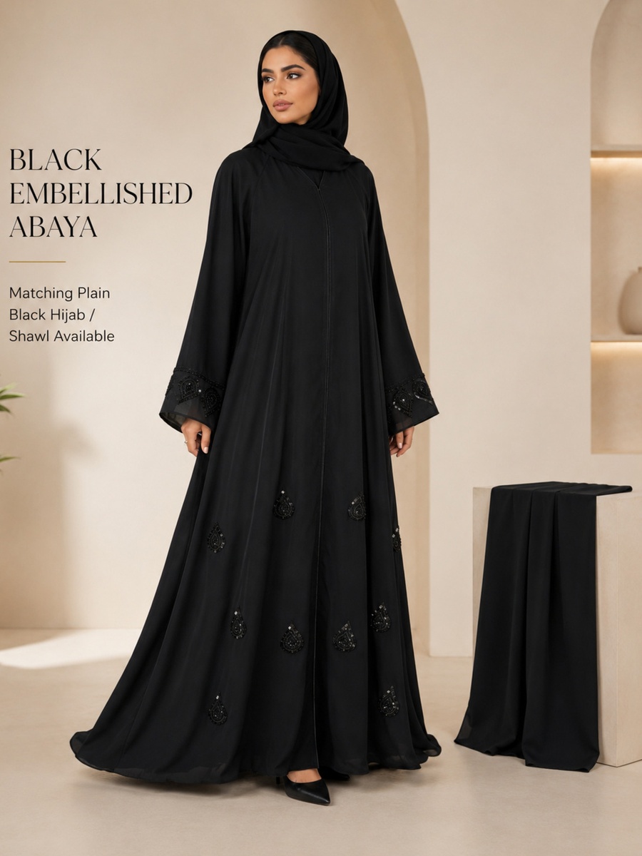 Black Embellished Abaya with Hidden Front Closure