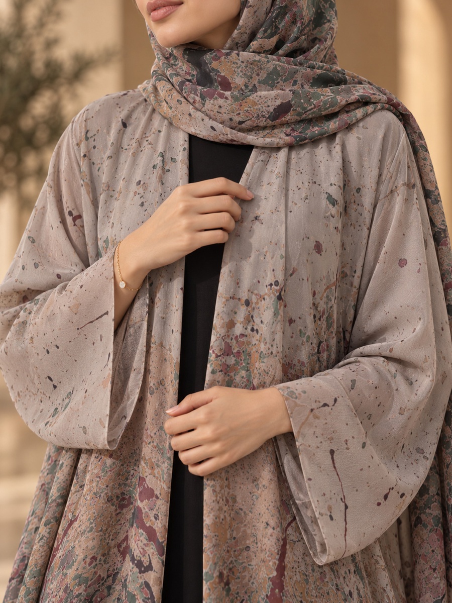 Splatter Print Open Abaya with Matching Shawl