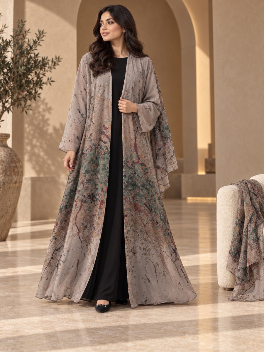 Splatter Print Open Abaya with Matching Shawl