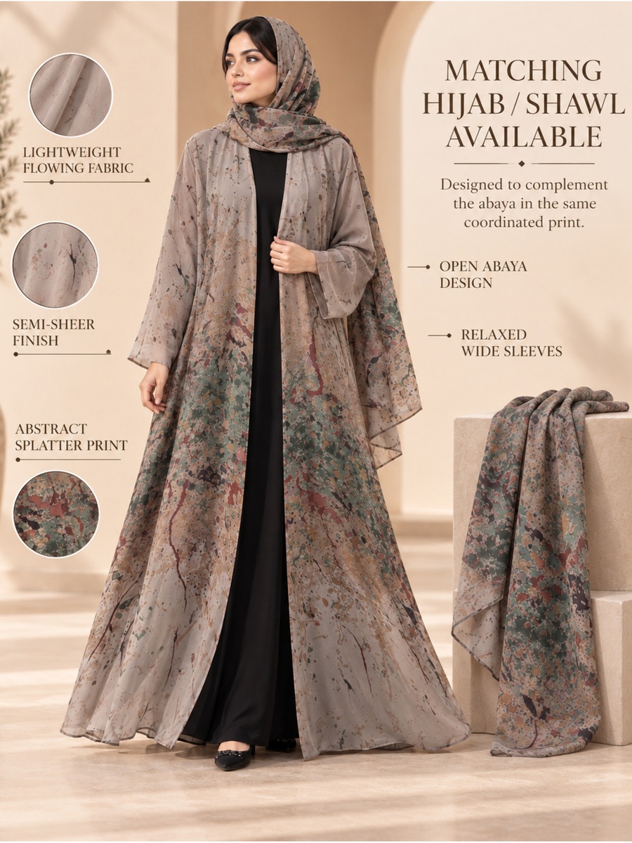 Splatter Print Open Abaya with Matching Shawl