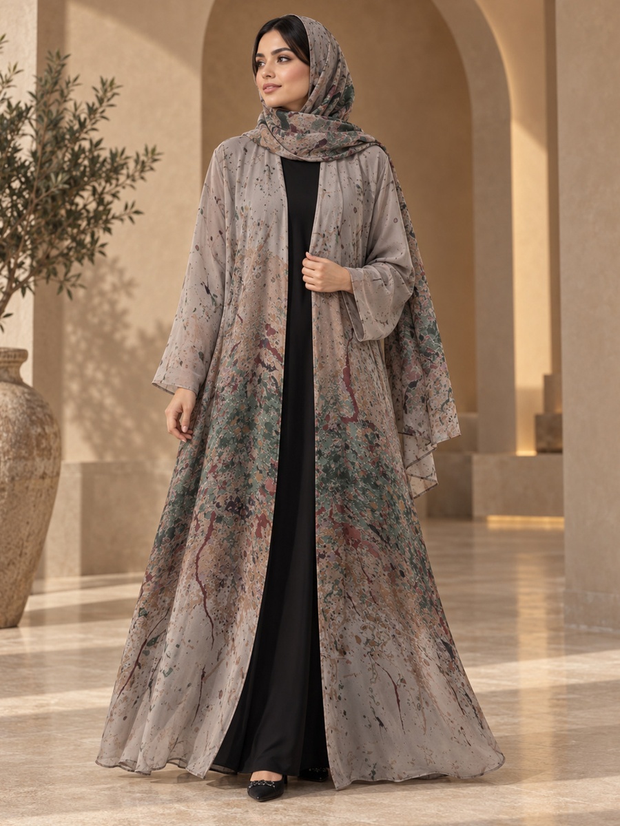 Splatter Print Open Abaya with Matching Shawl