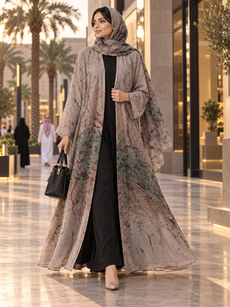 Splatter Print Open Abaya with Matching Shawl