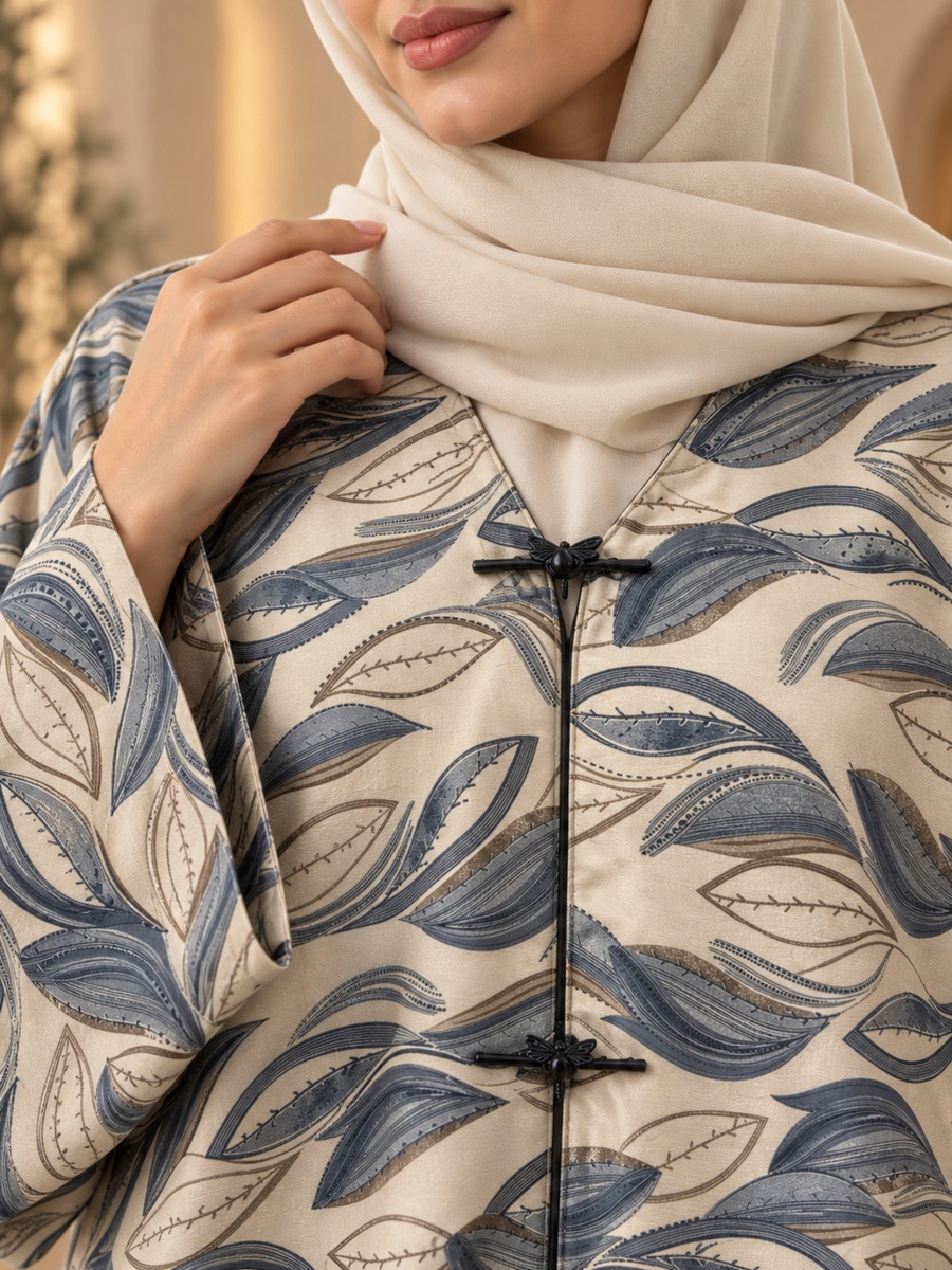 Beige Leaf Print Half-Button Abaya with Matching Shawl