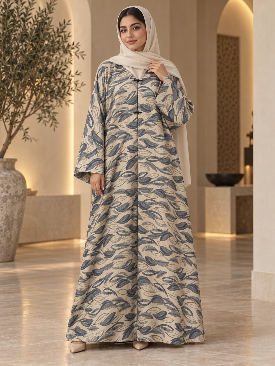 Beige Leaf Print Half-Button Abaya with Matching Shawl