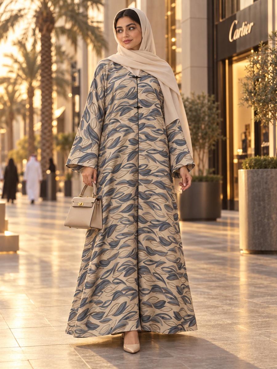 Beige Leaf Print Half-Button Abaya with Matching Shawl