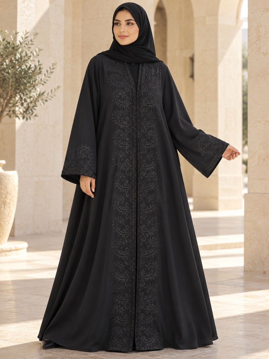 Black Paisley Embroidered Abaya with Embellished Cuffs