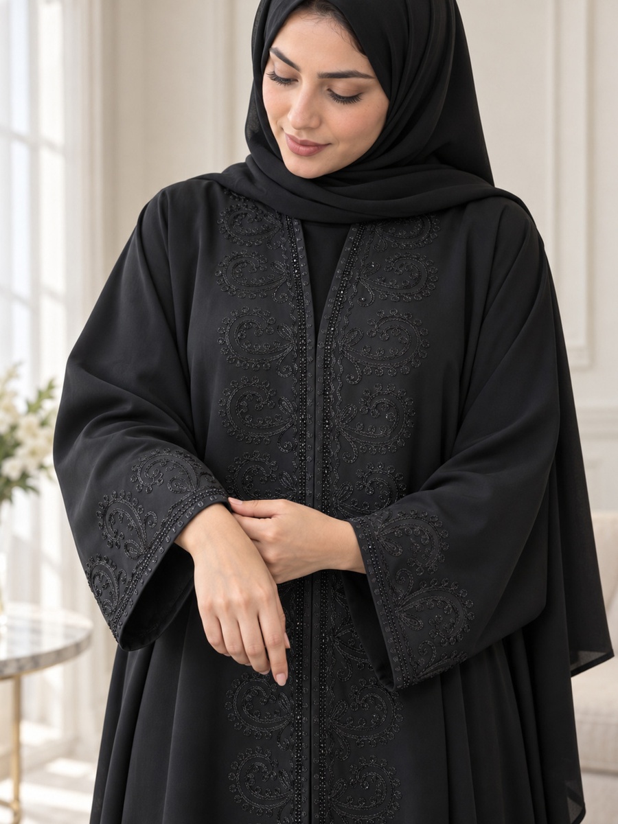 Black Paisley Embroidered Abaya with Embellished Cuffs