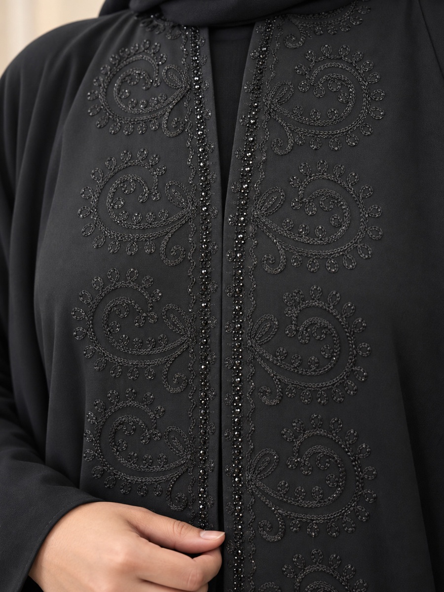 Black Paisley Embroidered Abaya with Embellished Cuffs