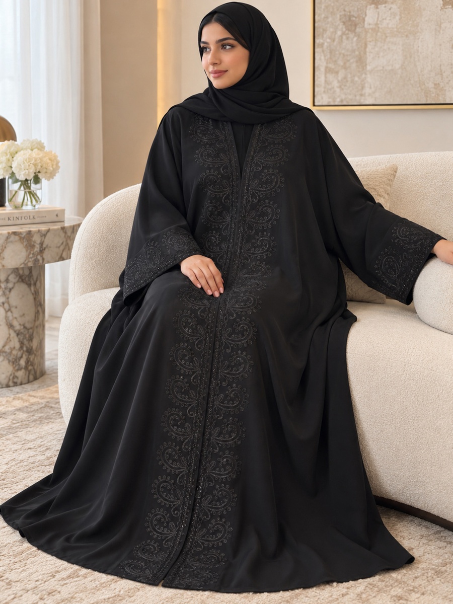 Black Paisley Embroidered Abaya with Embellished Cuffs