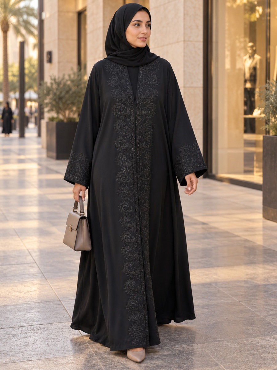Black Paisley Embroidered Abaya with Embellished Cuffs