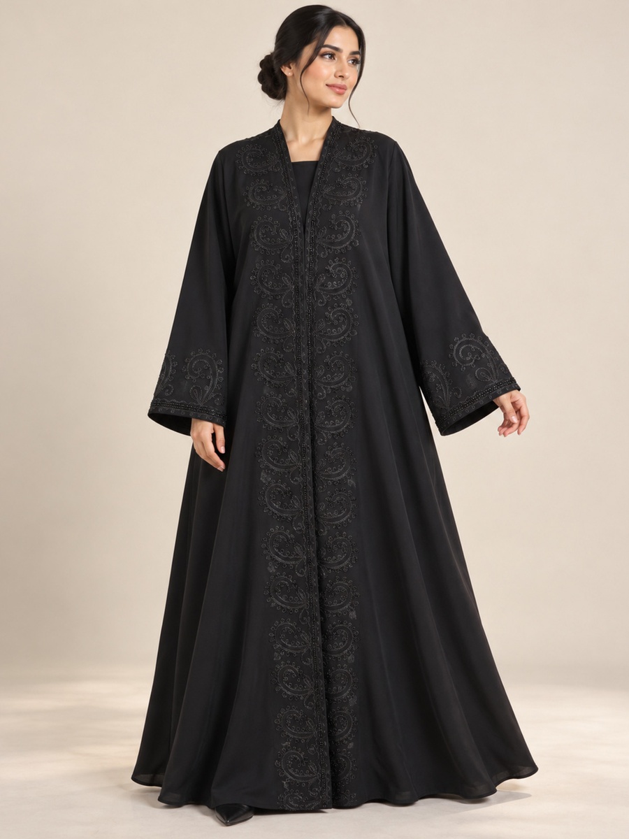Black Paisley Embroidered Abaya with Embellished Cuffs