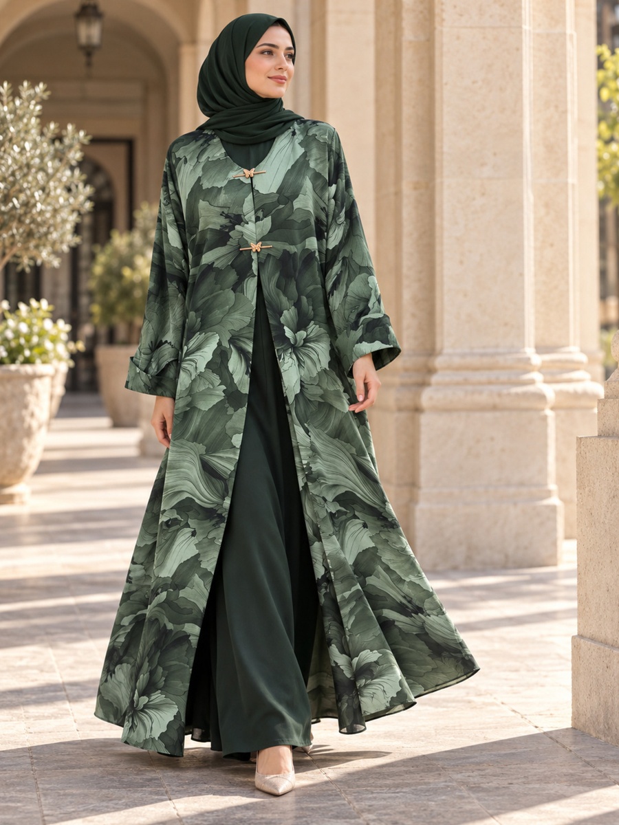 Green Floral Open Abaya with Butterfly Buttons and Matching Scarf