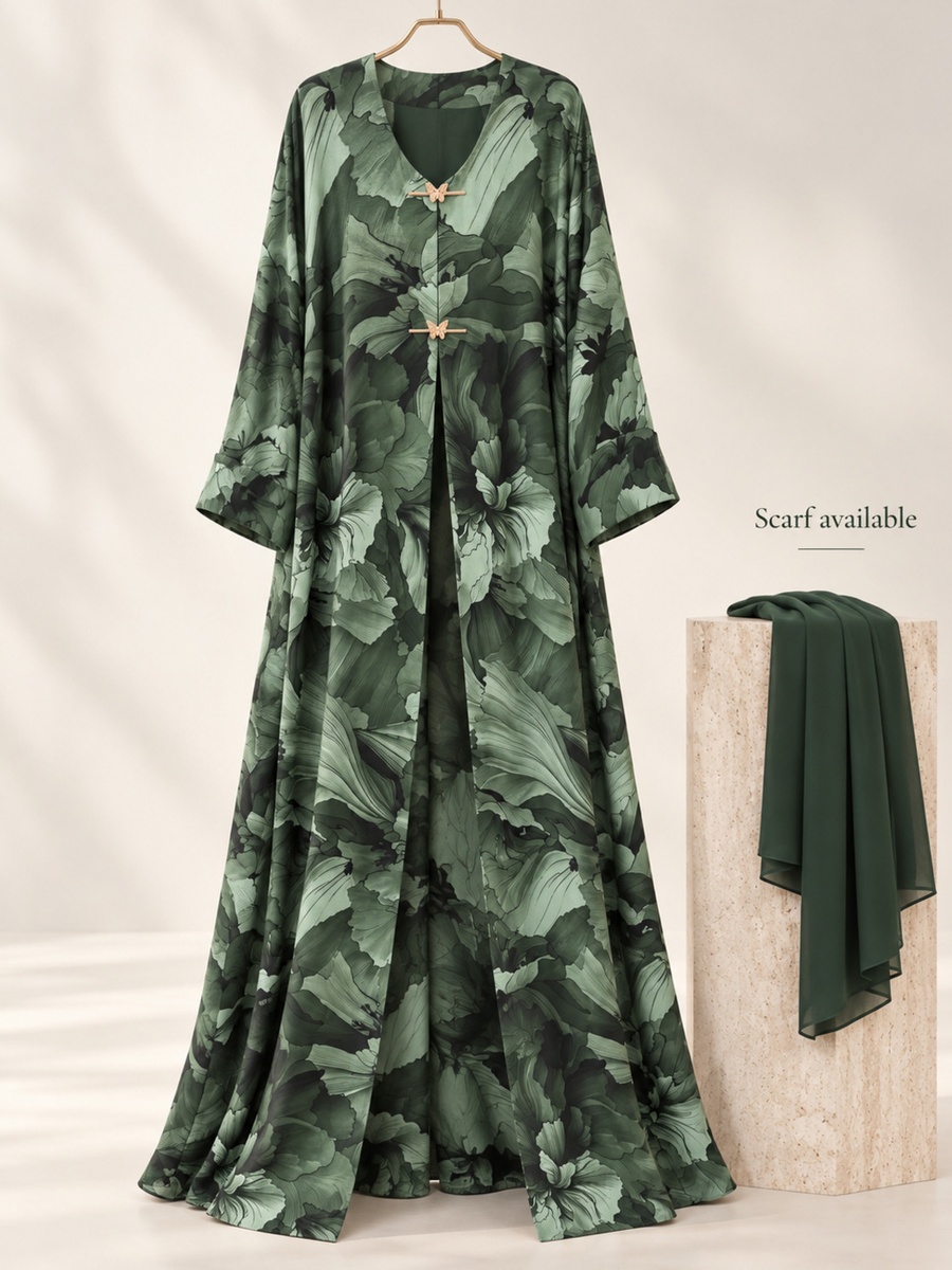 Green Floral Open Abaya with Butterfly Buttons and Matching Scarf