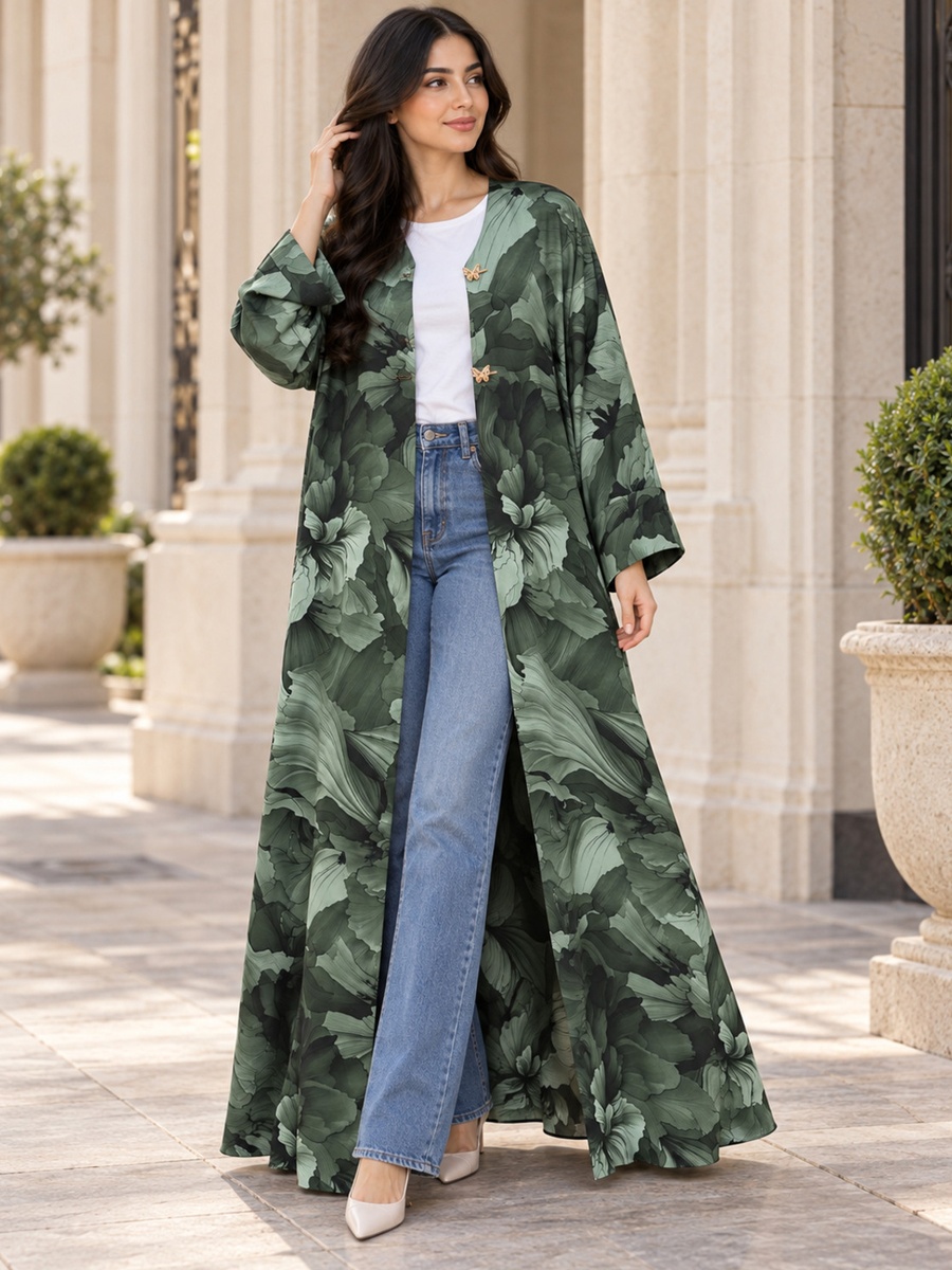 Green Floral Open Abaya with Butterfly Buttons and Matching Scarf