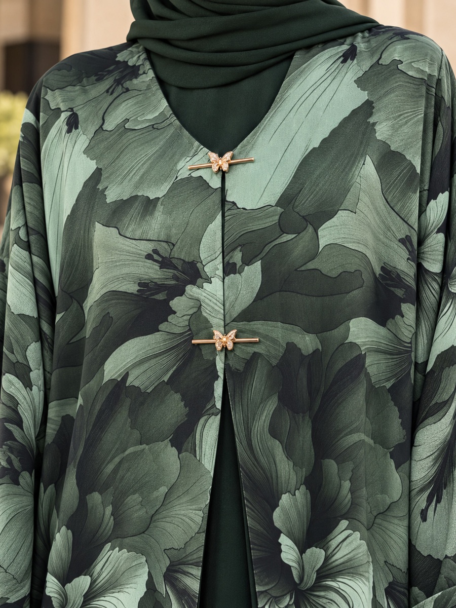 Green Floral Open Abaya with Butterfly Buttons and Matching Scarf