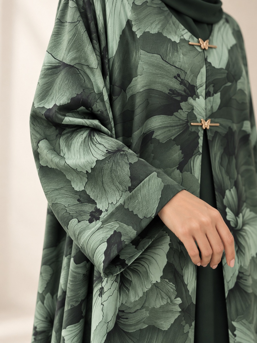 Green Floral Open Abaya with Butterfly Buttons and Matching Scarf