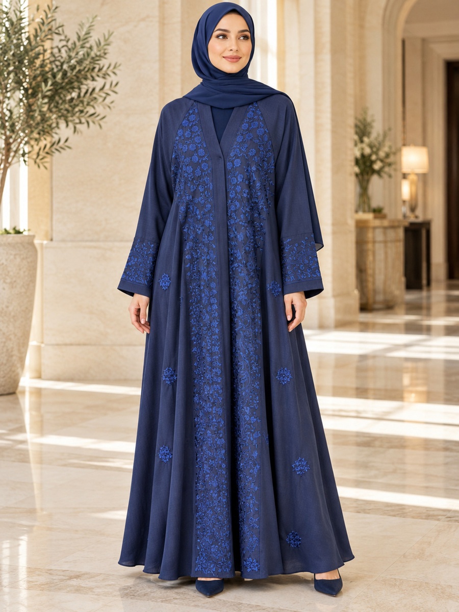 Navy Blue Floral Embroidered Abaya with Matching Scarf