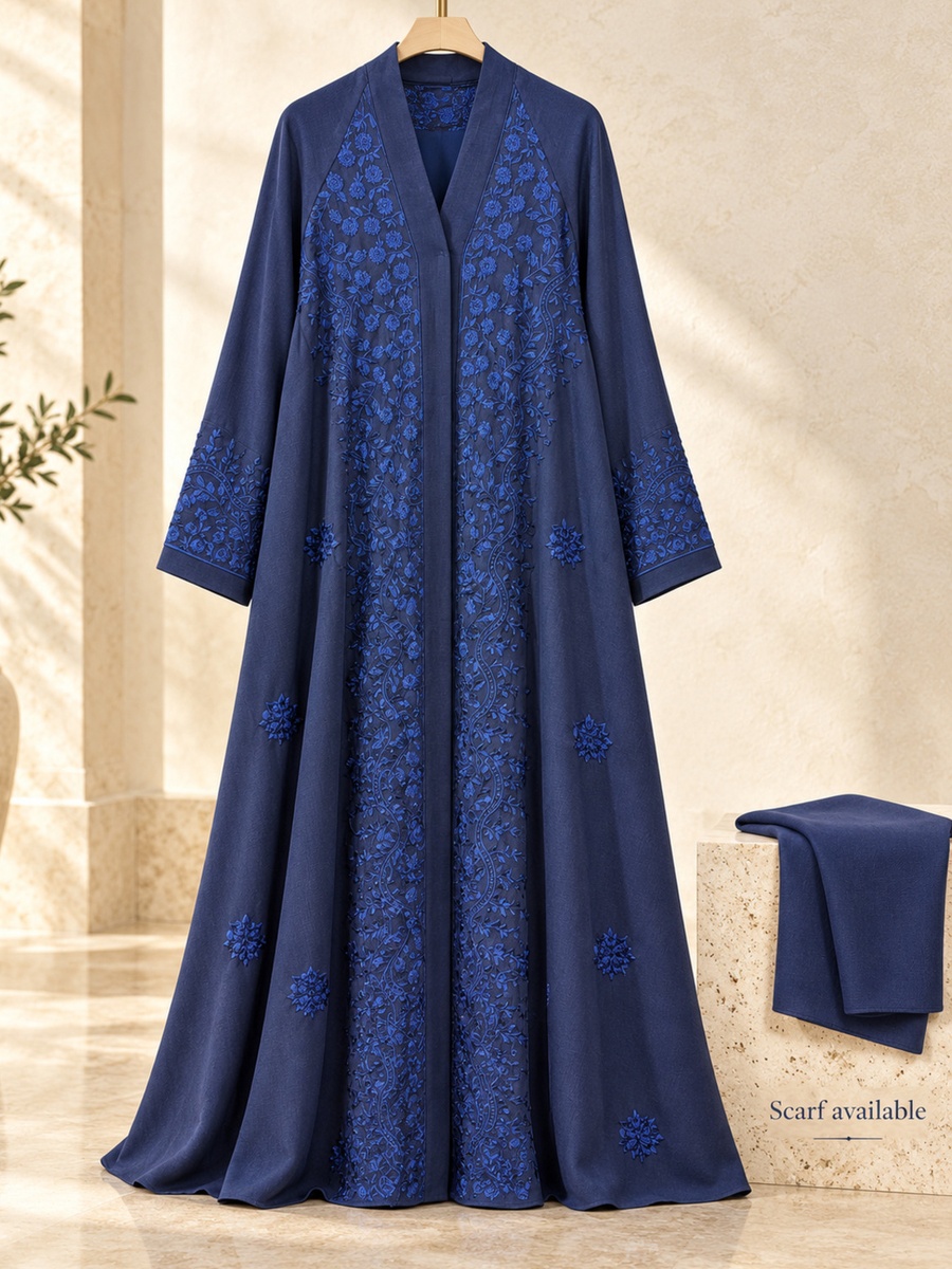 Navy Blue Floral Embroidered Abaya with Matching Scarf