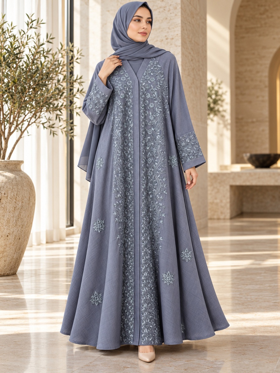 Grey Floral Embroidered Abaya with Matching Scarf