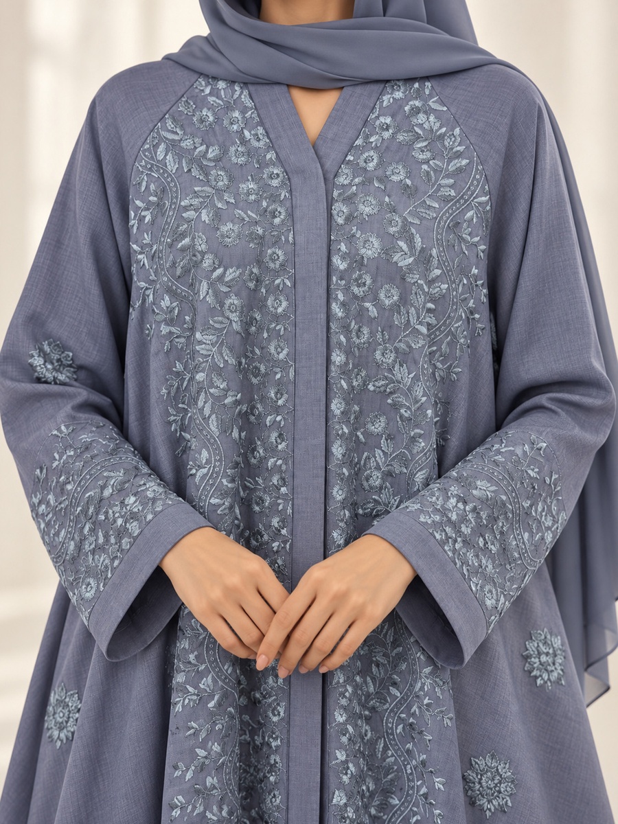 Grey Floral Embroidered Abaya with Matching Scarf