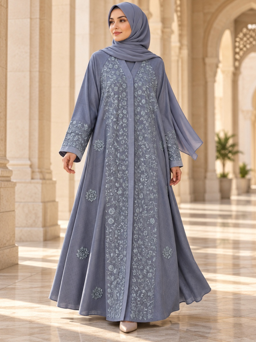 Grey Floral Embroidered Abaya with Matching Scarf