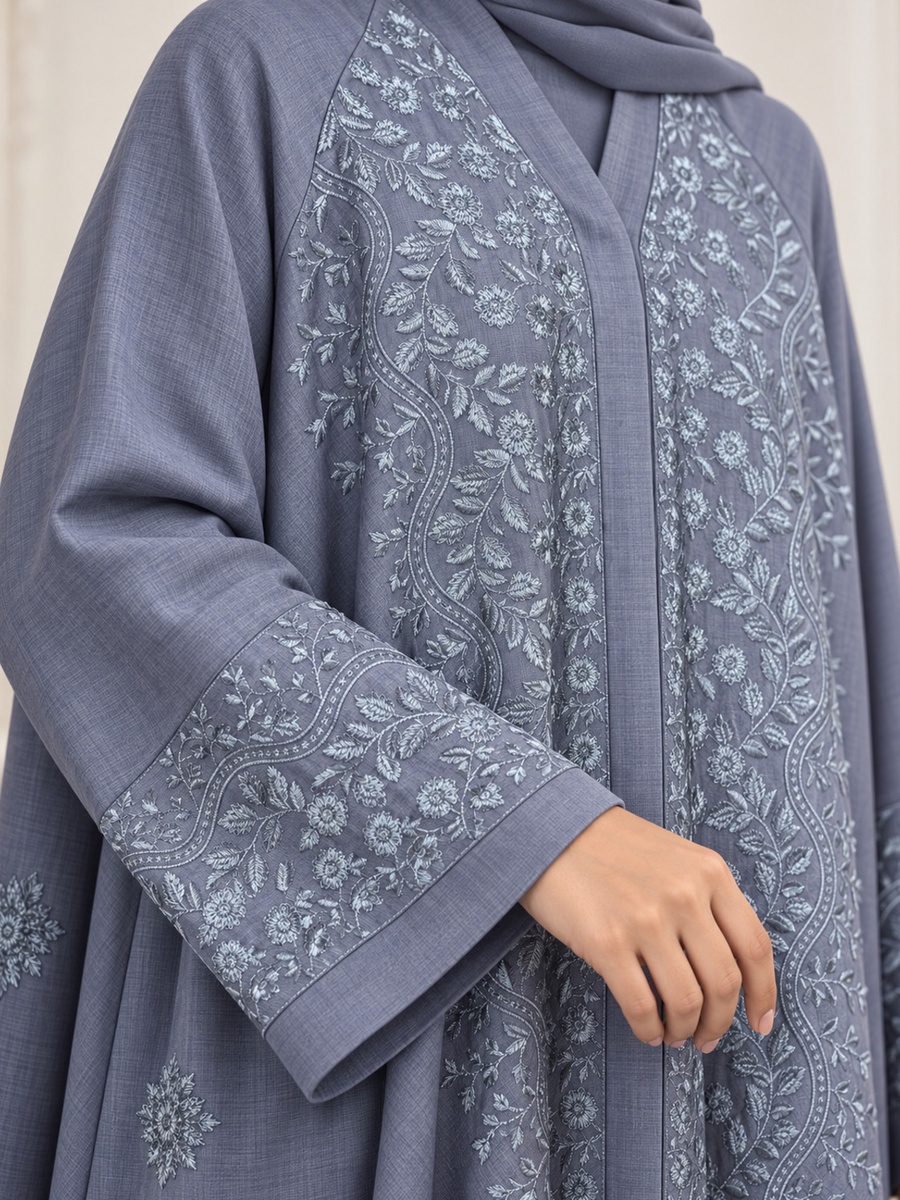 Grey Floral Embroidered Abaya with Matching Scarf