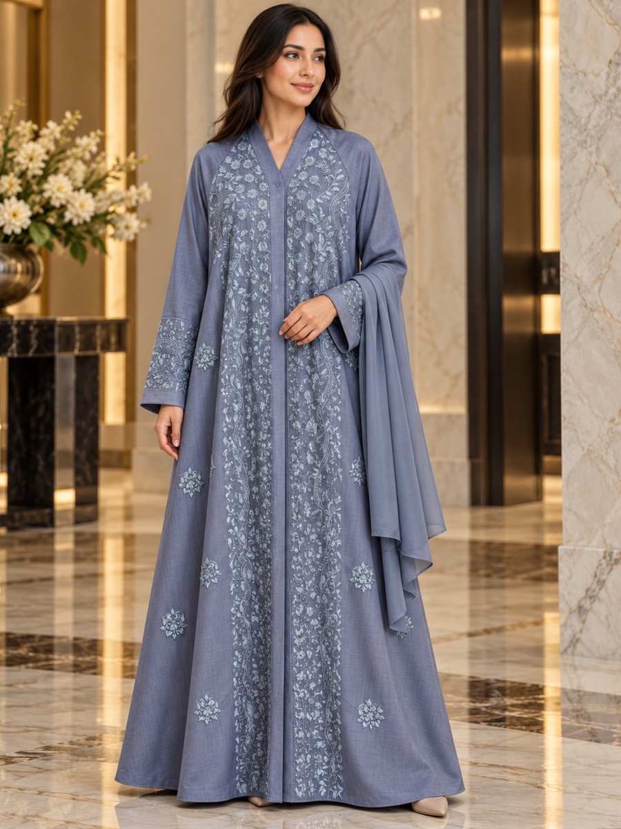 Grey Floral Embroidered Abaya with Matching Scarf