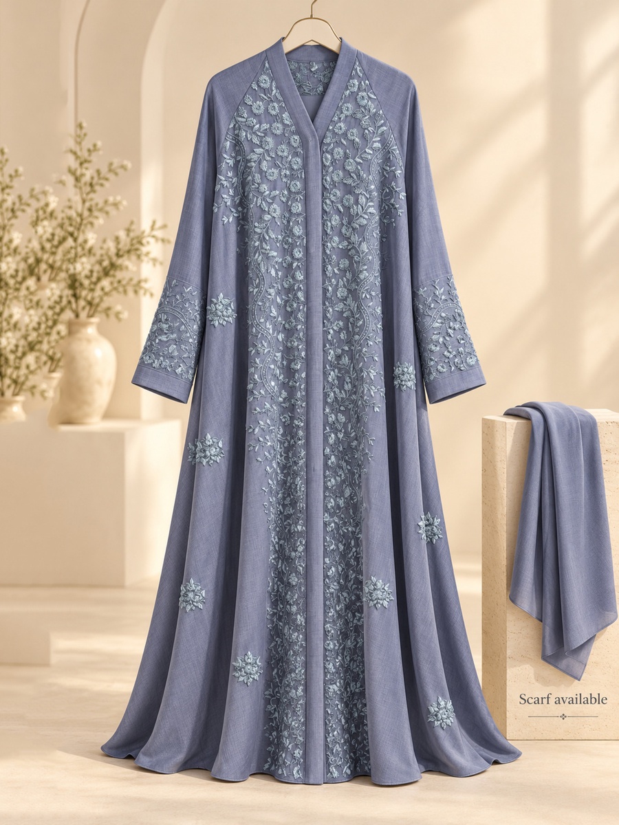 Grey Floral Embroidered Abaya with Matching Scarf