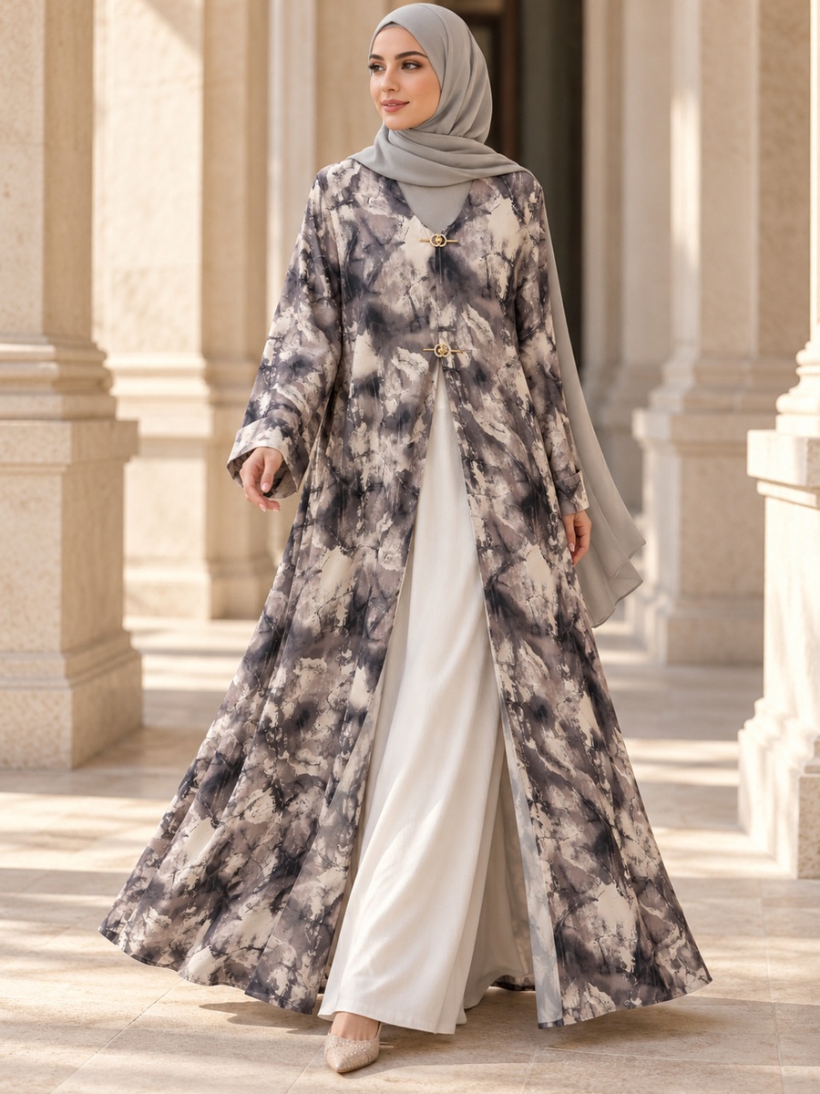 Grey Marbled Print Open Abaya with Gold Clasps and Matching Scarf