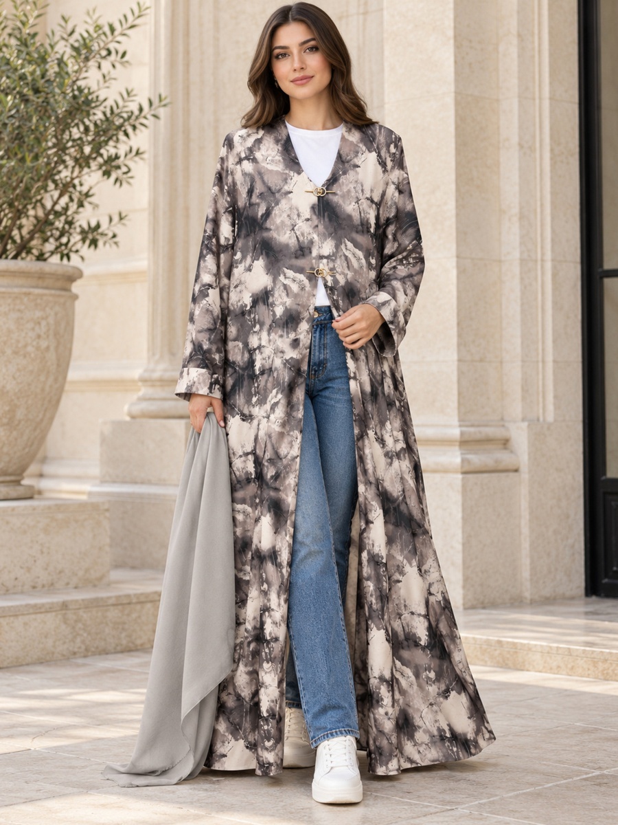 Grey Marbled Print Open Abaya with Gold Clasps and Matching Scarf