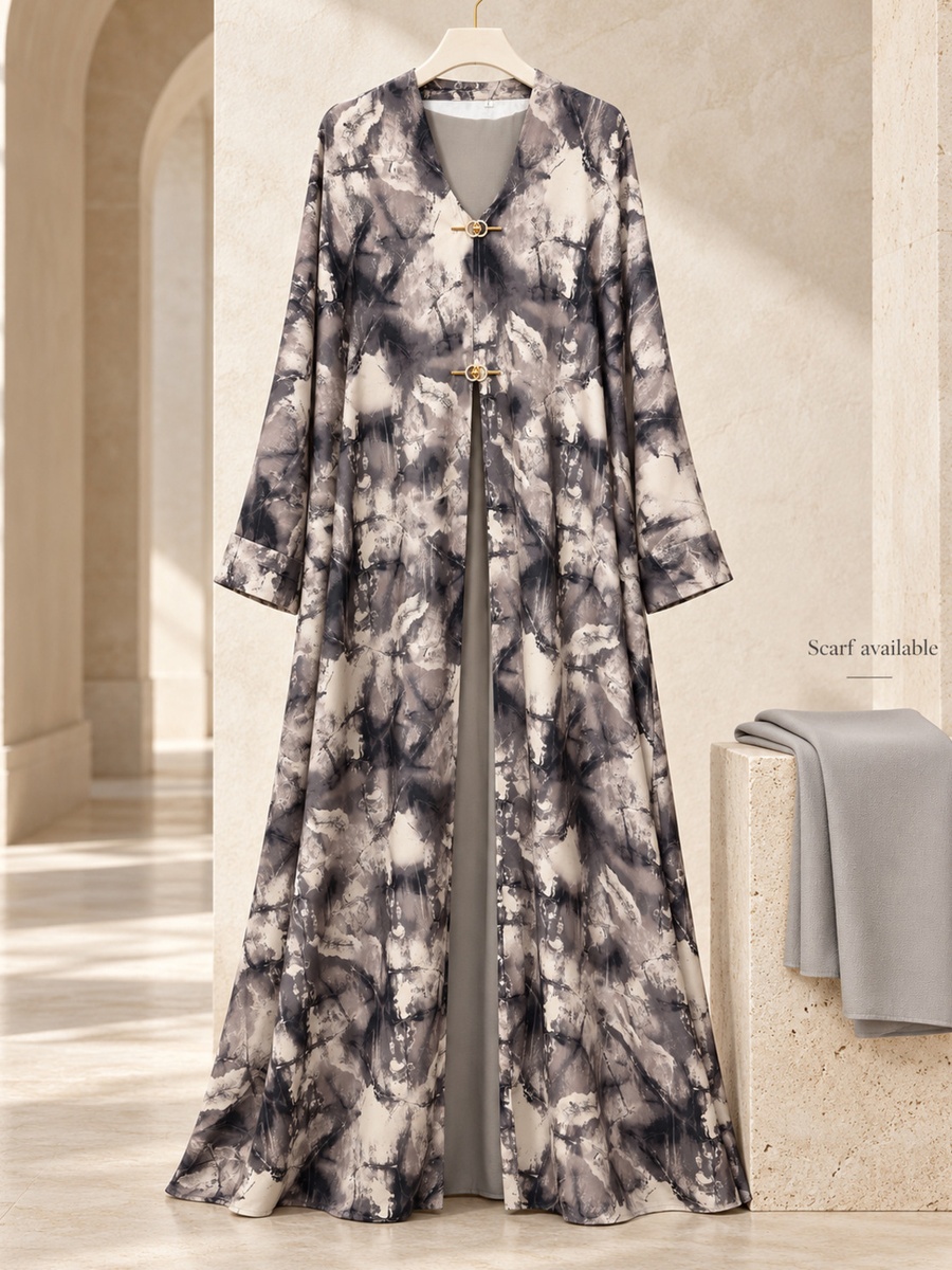 Grey Marbled Print Open Abaya with Gold Clasps and Matching Scarf
