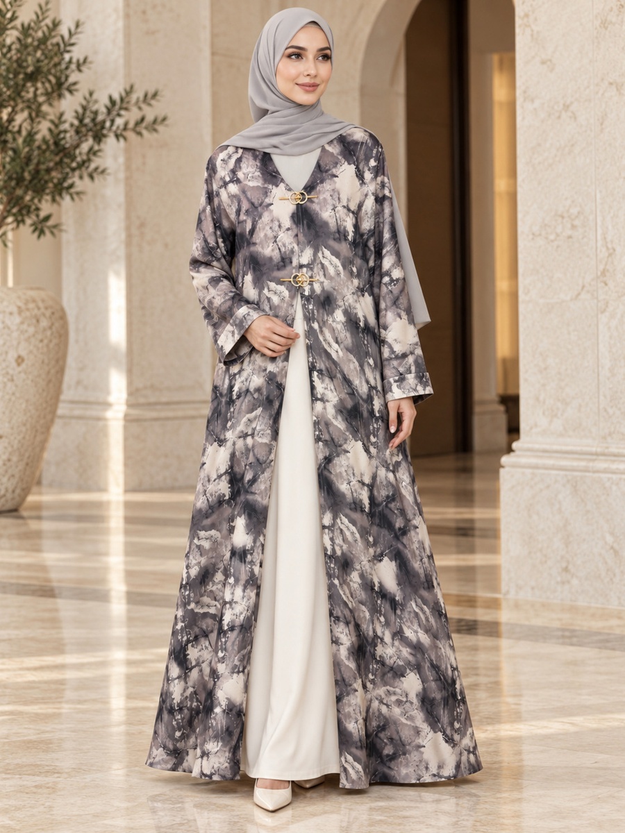 Grey Marbled Print Open Abaya with Gold Clasps and Matching Scarf