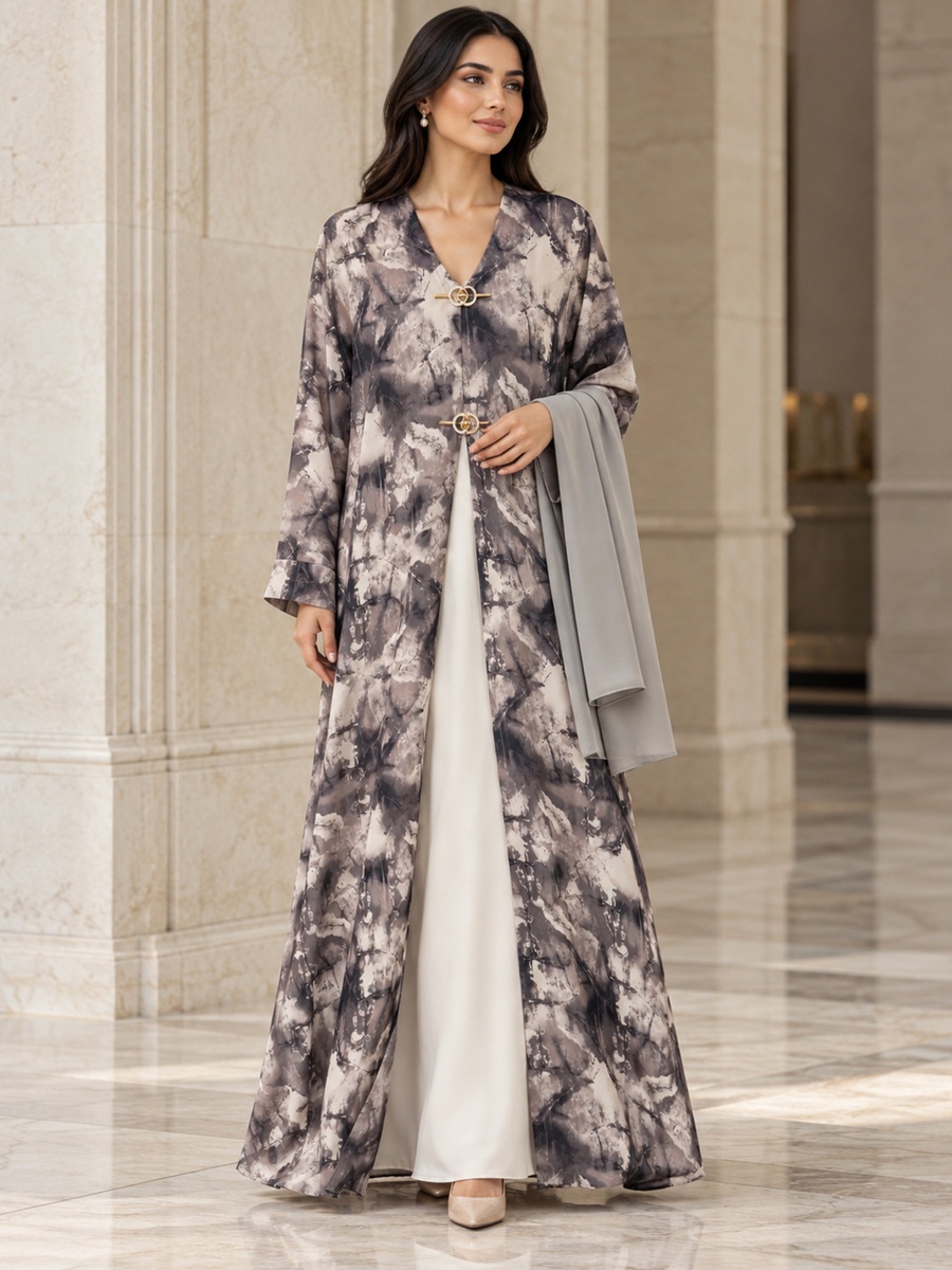 Grey Marbled Print Open Abaya with Gold Clasps and Matching Scarf