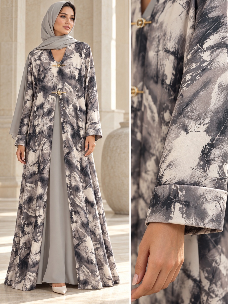 Grey Marbled Print Open Abaya with Gold Clasps and Matching Scarf