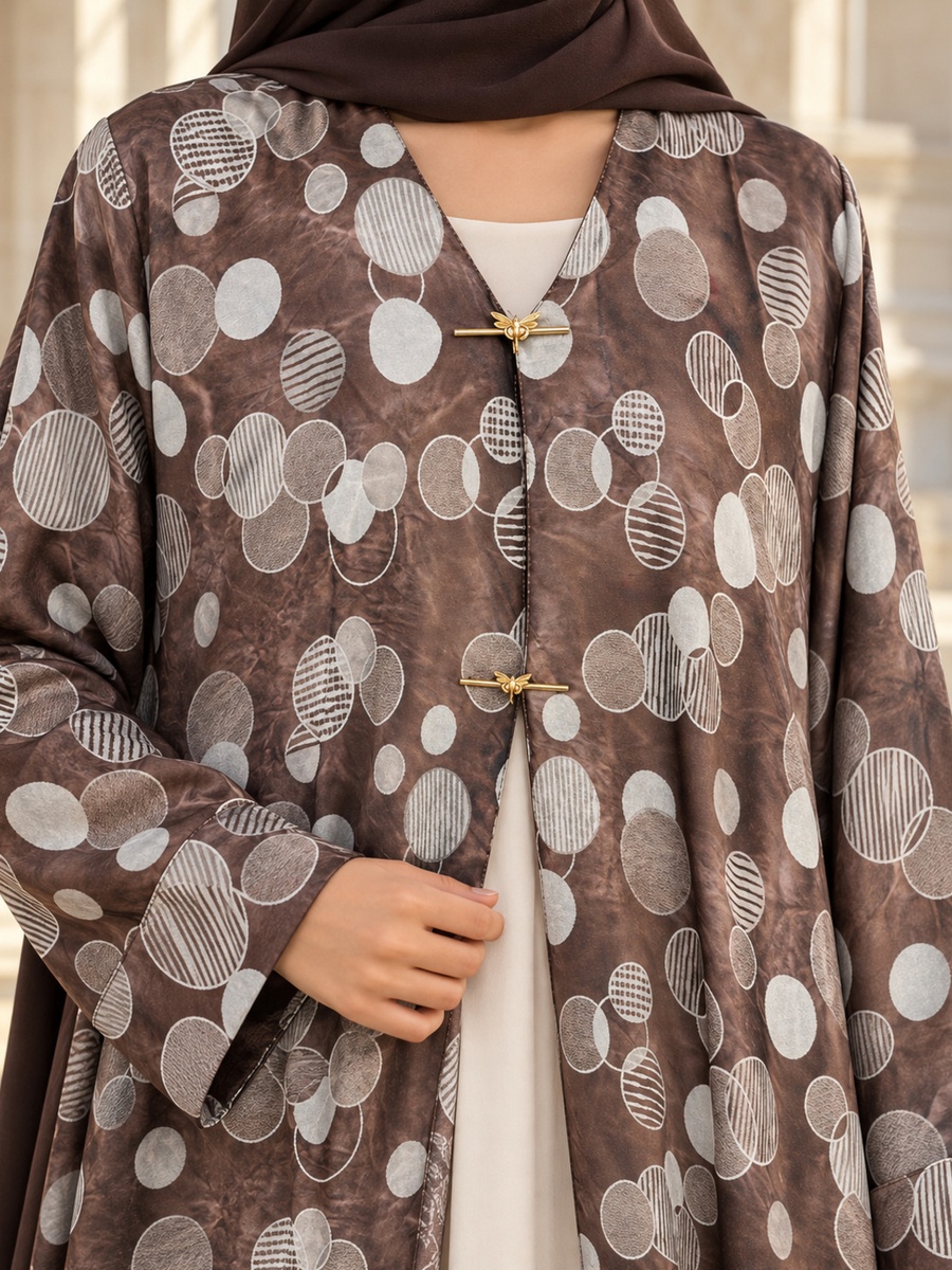 Mocha Brown Circle Print Open Abaya with Matching Scarf
