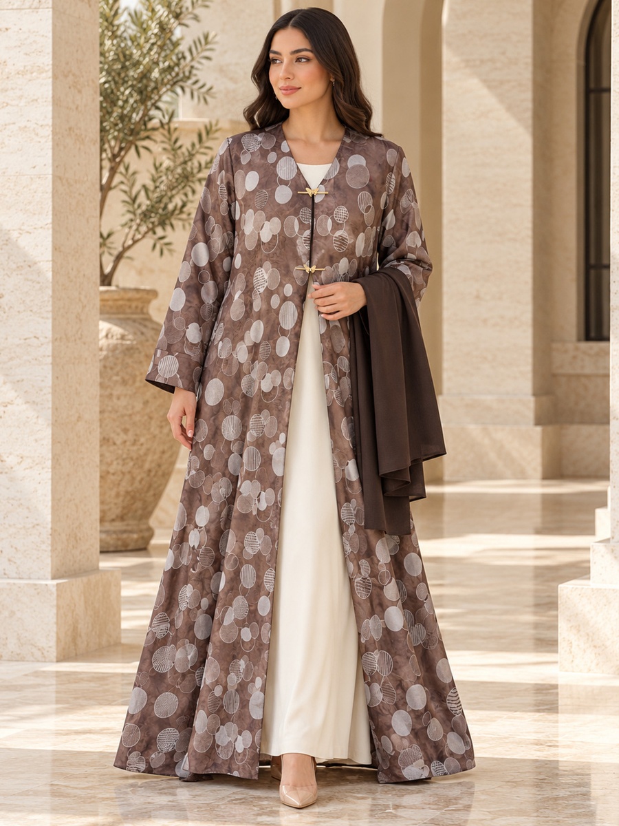 Mocha Brown Circle Print Open Abaya with Matching Scarf