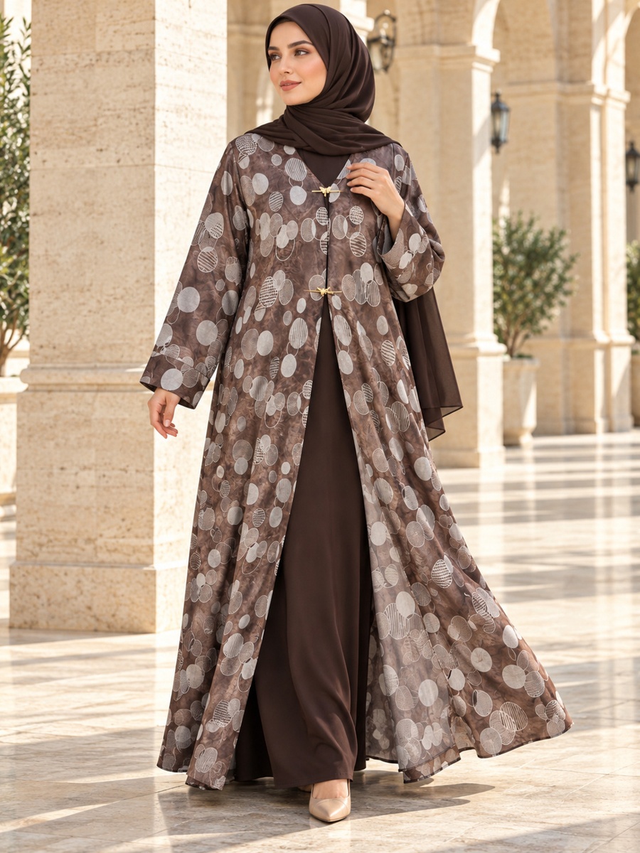 Mocha Brown Circle Print Open Abaya with Matching Scarf